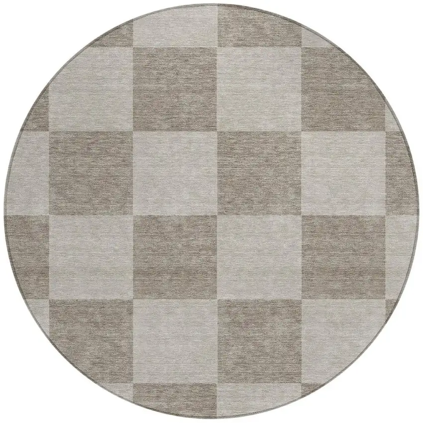 8' Khaki And Taupe Round Geometric Washable Indoor Outdoor Area Rug Photo 4