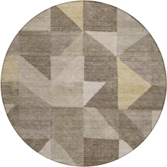 8' Khaki And Taupe Round Geometric Washable Indoor Outdoor Area Rug Photo 1