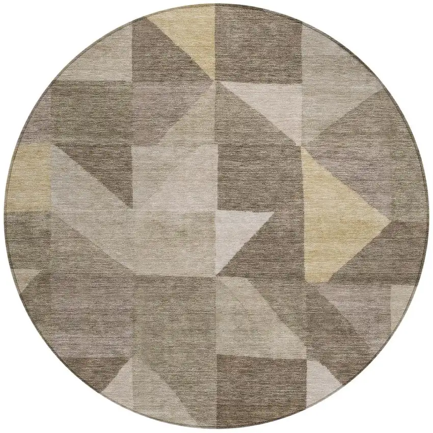 8' Khaki And Taupe Round Geometric Washable Indoor Outdoor Area Rug Photo 3
