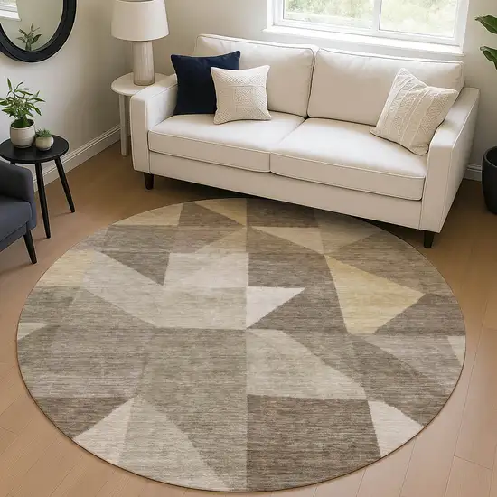 8' Khaki And Taupe Round Geometric Washable Indoor Outdoor Area Rug Photo 5