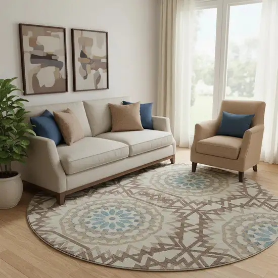 8' Khaki And Teal Geometric Washable Round Rug With UV Protection Photo 1