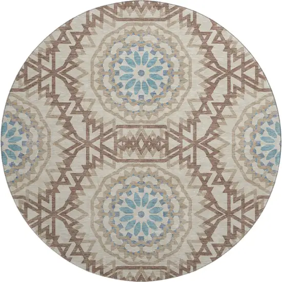 8' Khaki And Teal Geometric Washable Round Rug With UV Protection Photo 1