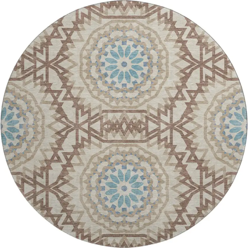 8' Khaki And Teal Geometric Washable Round Rug With UV Protection Photo 1