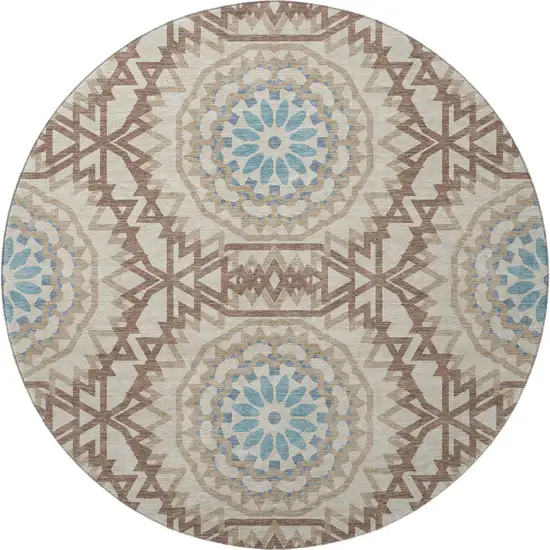 8' Khaki And Teal Geometric Washable Round Rug With UV Protection Photo 3
