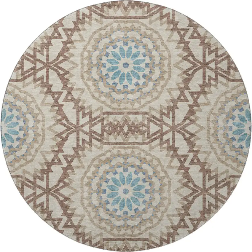 8' Khaki And Teal Geometric Washable Round Rug With UV Protection Photo 3