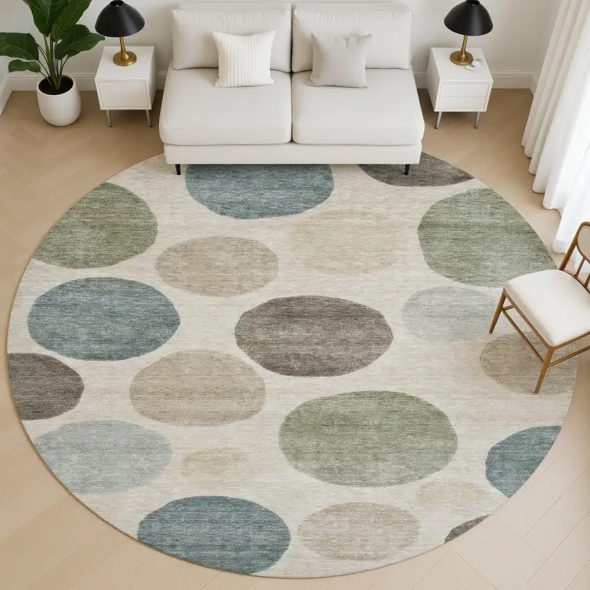 8' Khaki And Teal Geometric Washable Round Rug With UV Protection Photo 5
