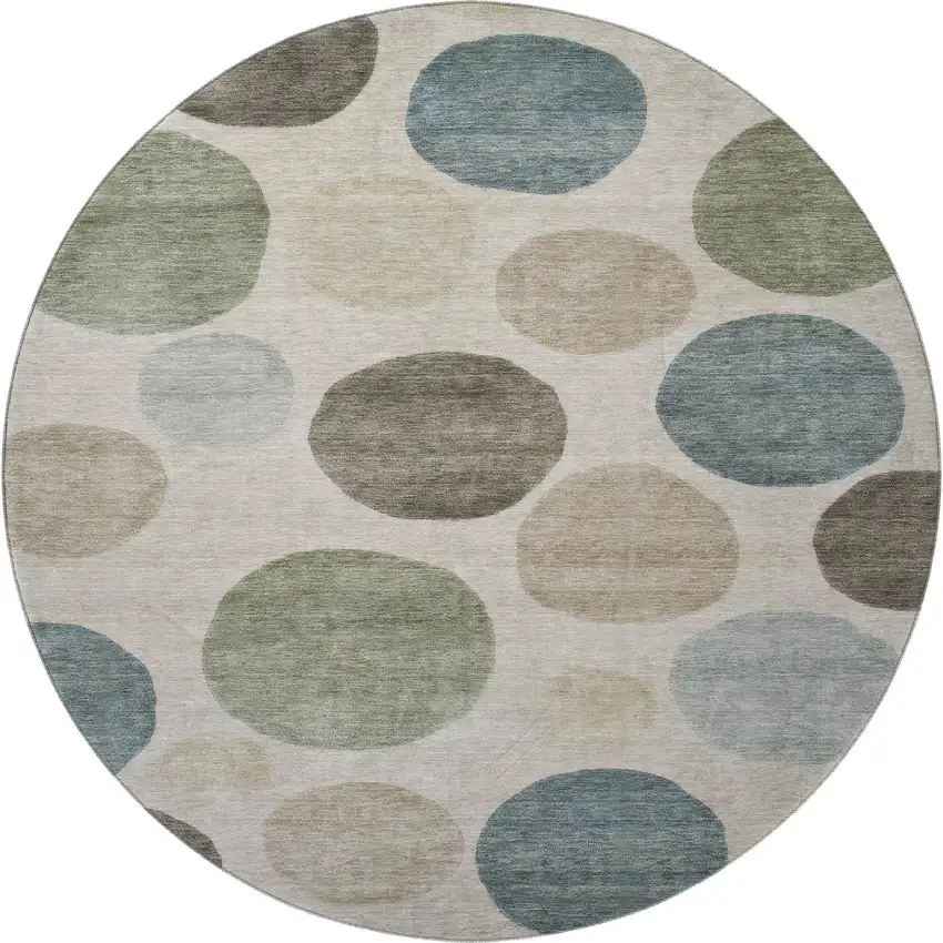 8' Khaki And Teal Geometric Washable Round Rug With UV Protection Photo 4