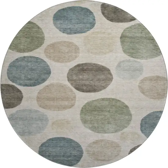 8' Khaki And Teal Geometric Washable Round Rug With UV Protection Photo 1