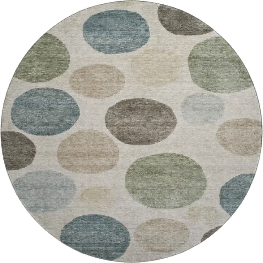 8' Khaki And Teal Geometric Washable Round Rug With UV Protection Photo 1