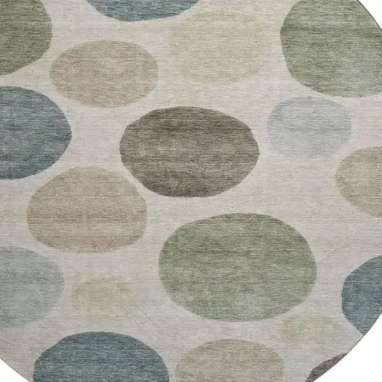 8' Khaki And Teal Geometric Washable Round Rug With UV Protection Photo 3
