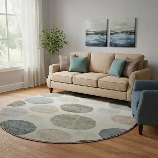 8' Khaki And Teal Geometric Washable Round Rug With UV Protection Photo 2