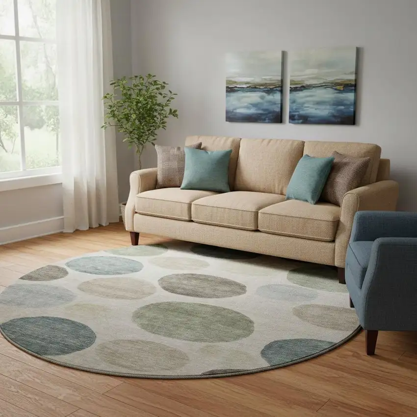 8' Khaki And Teal Geometric Washable Round Rug With UV Protection Photo 2