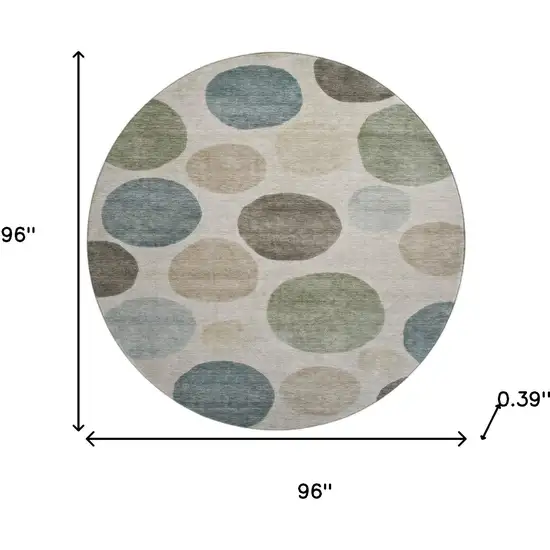 8' Khaki And Teal Geometric Washable Round Rug With UV Protection Photo 8