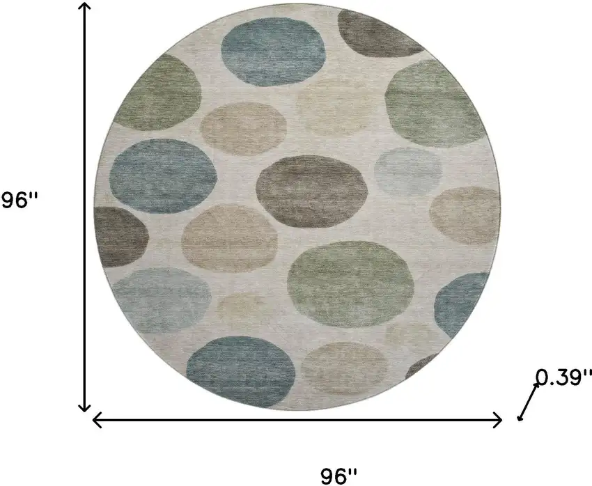 8' Khaki And Teal Geometric Washable Round Rug With UV Protection Photo 8