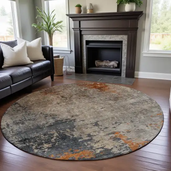 8' Khaki Beige And Blue Abstract Washable Round Rug With UV Protection Photo 4