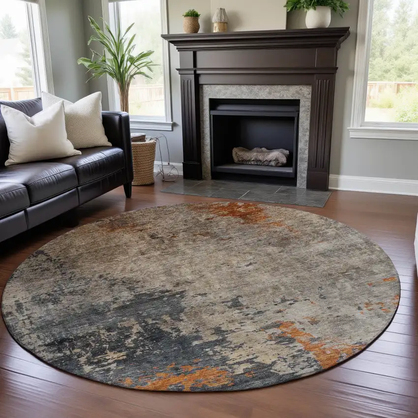 8' Khaki Beige And Blue Abstract Washable Round Rug With UV Protection Photo 4