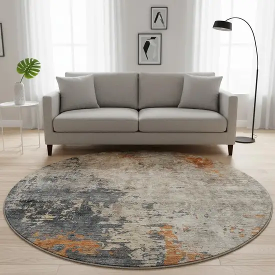 8' Khaki Beige And Blue Abstract Washable Round Rug With UV Protection Photo 2