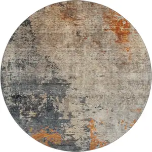 Photo of 8' Khaki Beige And Blue Abstract Washable Round Rug With UV Protection
