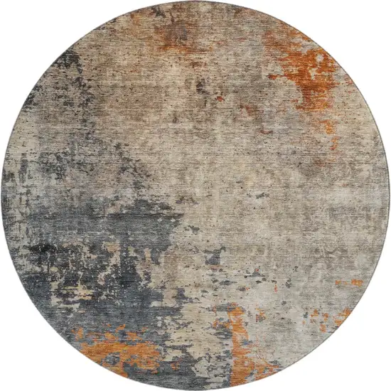 8' Khaki Beige And Blue Abstract Washable Round Rug With UV Protection Photo 1