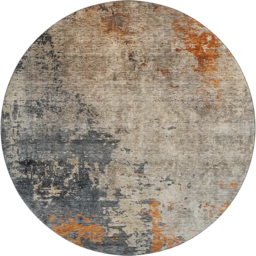 8' Khaki Beige And Blue Abstract Washable Round Rug With UV Protection Photo 1