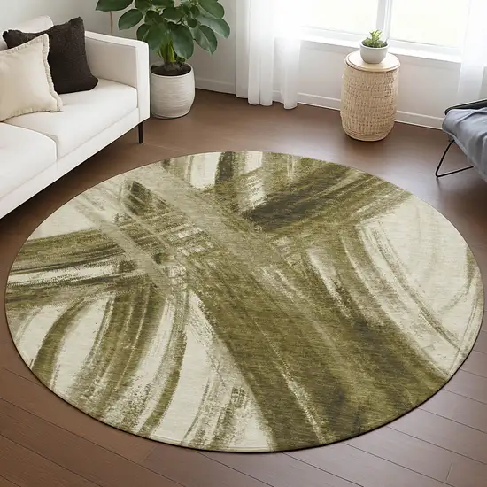 8' Khaki Beige And Brown Round Abstract Washable Indoor Outdoor Area Rug Photo 5