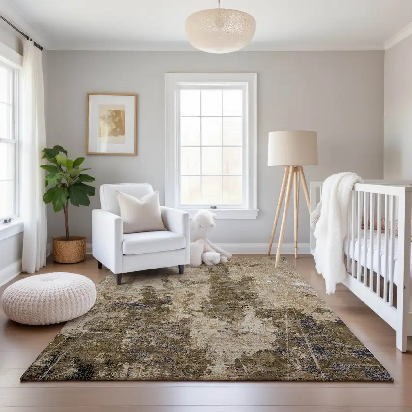 8' Khaki Beige And Charcoal Abstract Washable Area Rug With UV Protection Photo 5