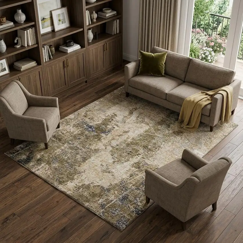 8' Khaki Beige And Charcoal Abstract Washable Area Rug With UV Protection Photo 1