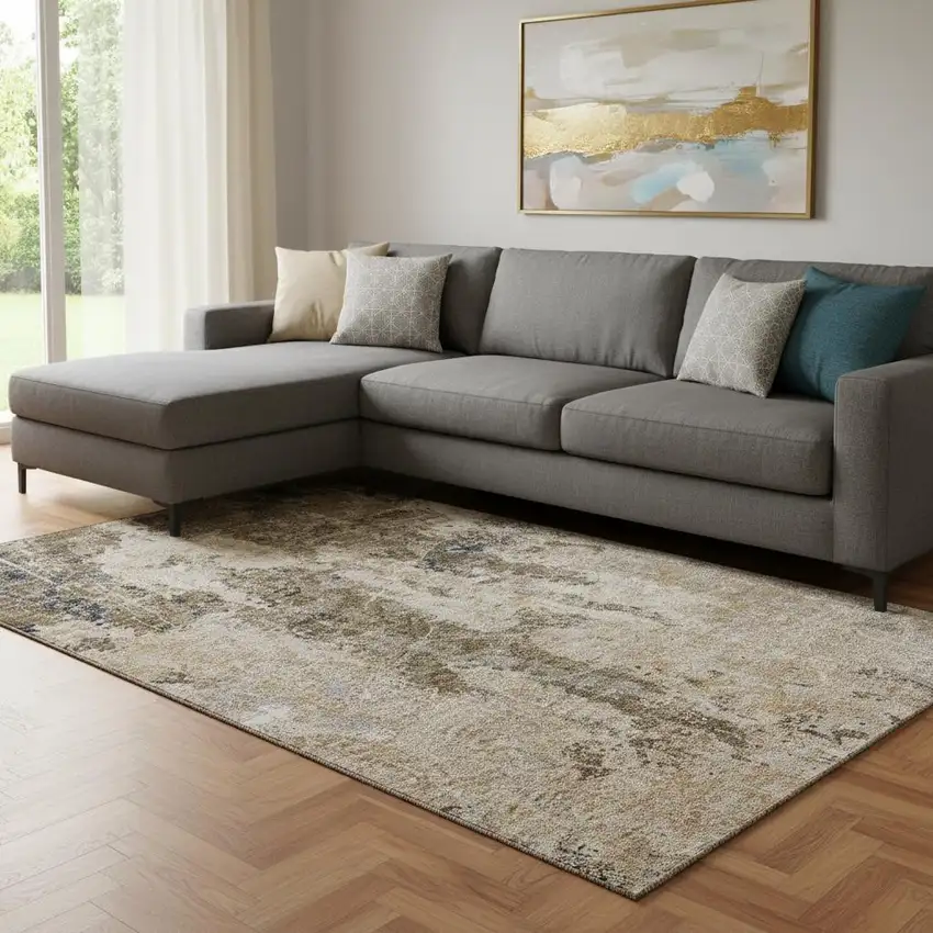 8' Khaki Beige And Charcoal Abstract Washable Area Rug With UV Protection Photo 2