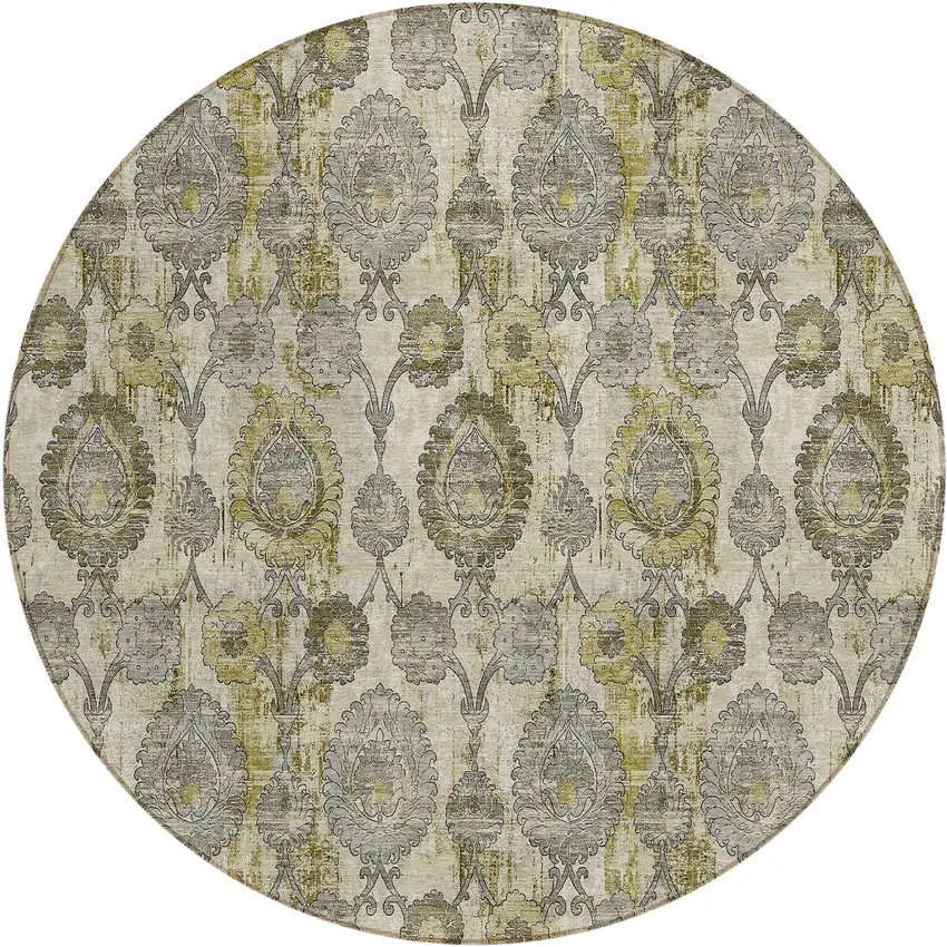 8' Khaki Beige And Gold Round Damask Washable Indoor Outdoor Area Rug Photo 2