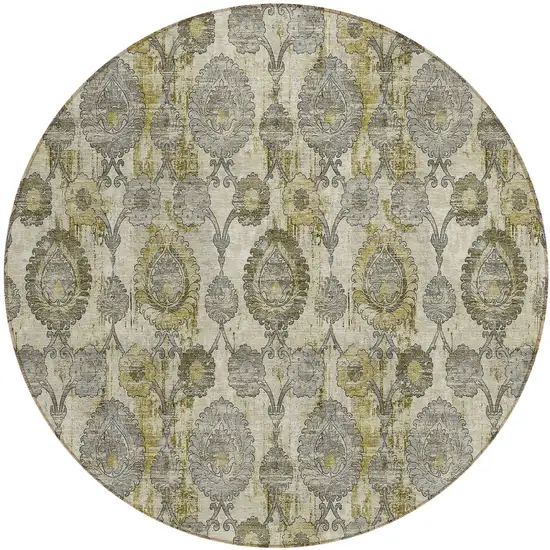 8' Khaki Beige And Gold Round Damask Washable Indoor Outdoor Area Rug Photo 2