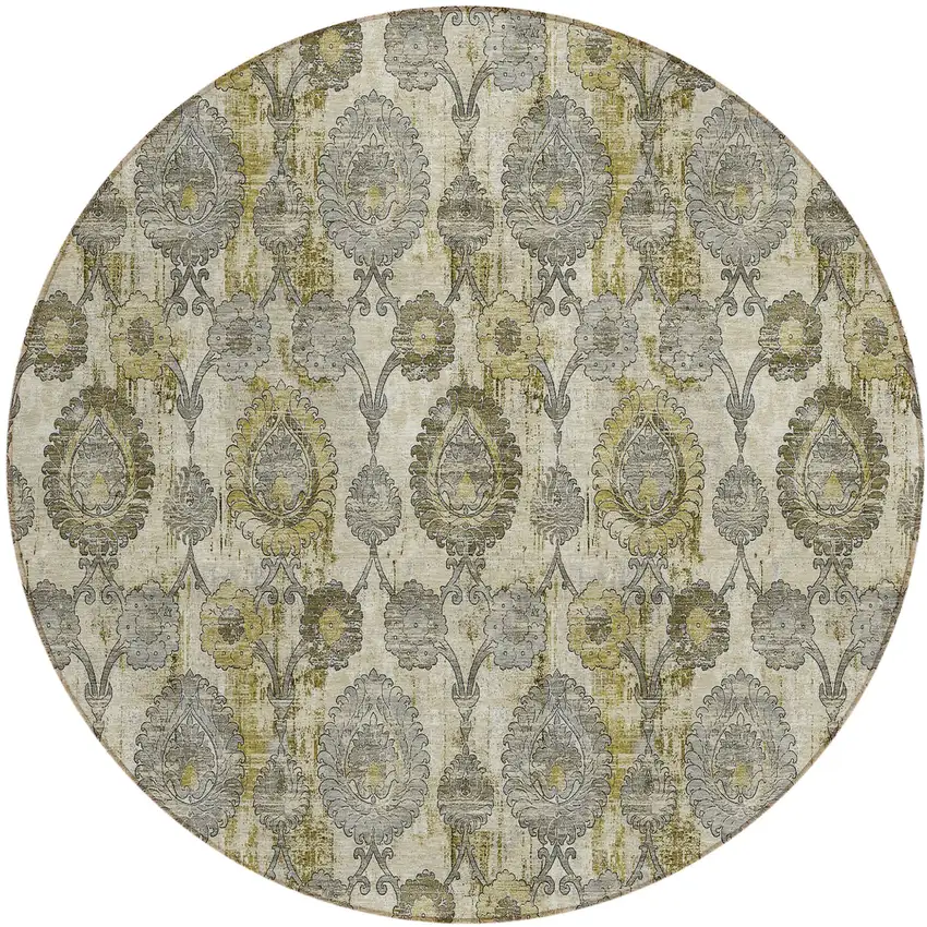 8' Khaki Beige And Gold Round Damask Washable Indoor Outdoor Area Rug Photo 2