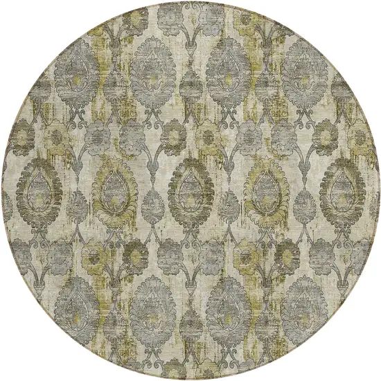 8' Khaki Beige And Gold Round Damask Washable Indoor Outdoor Area Rug Photo 2
