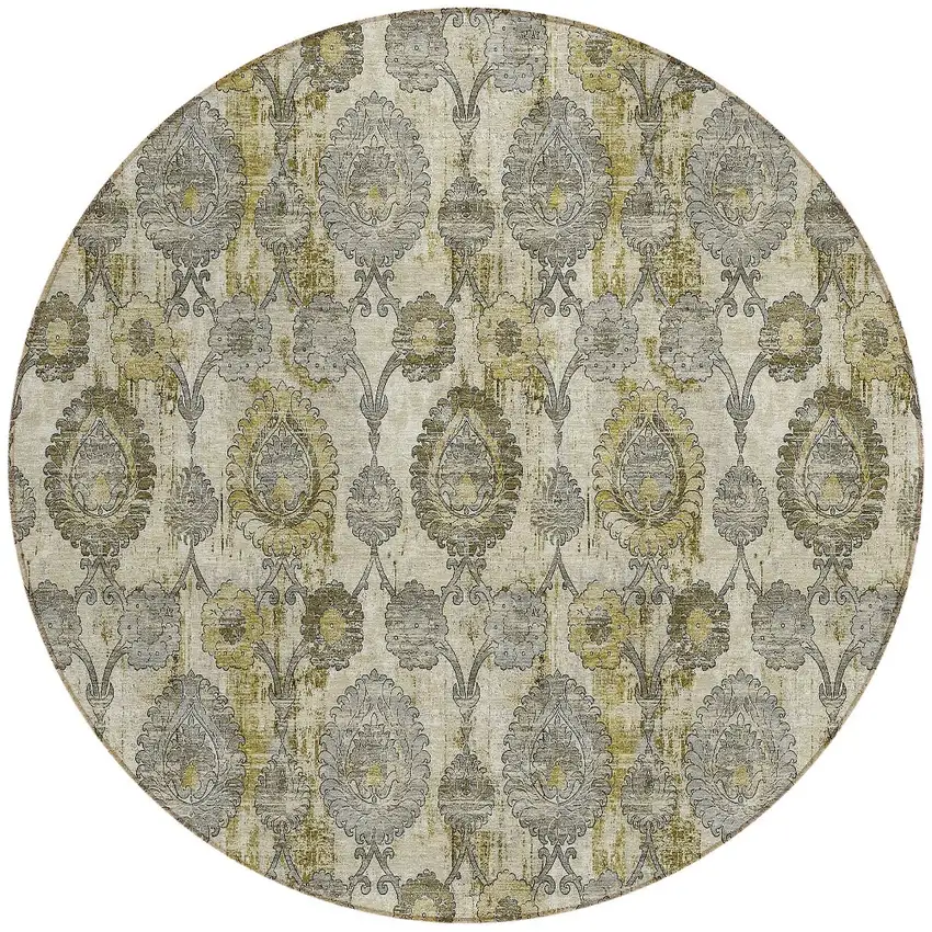 8' Khaki Beige And Gold Round Damask Washable Indoor Outdoor Area Rug Photo 6