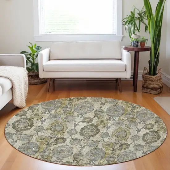 8' Khaki Beige And Gold Round Damask Washable Indoor Outdoor Area Rug Photo 9