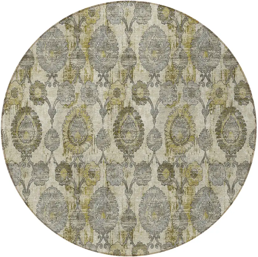 8' Khaki Beige And Gold Round Damask Washable Indoor Outdoor Area Rug Photo 7