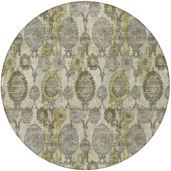 8' Khaki Beige And Gold Round Damask Washable Indoor Outdoor Area Rug Photo 7