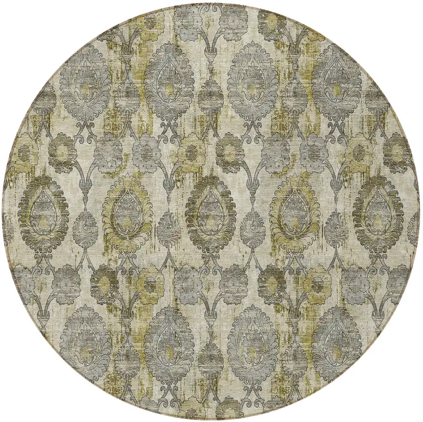 8' Khaki Beige And Gold Round Damask Washable Indoor Outdoor Area Rug Photo 7