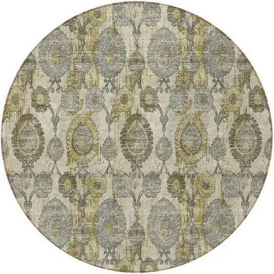 8' Khaki Beige And Gold Round Damask Washable Indoor Outdoor Area Rug Photo 7