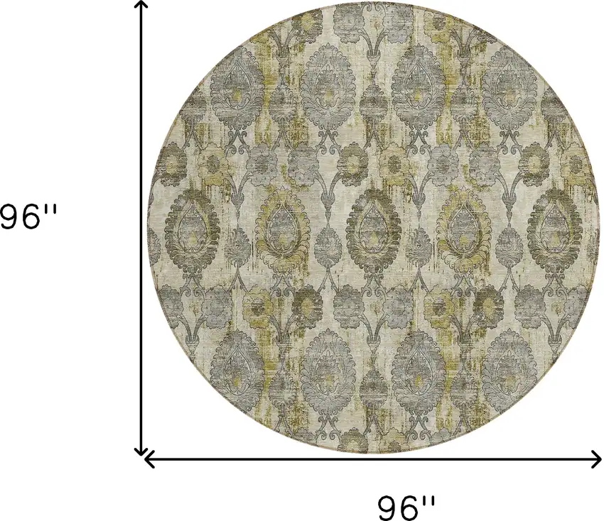 8' Khaki Beige And Gold Round Damask Washable Indoor Outdoor Area Rug Photo 3