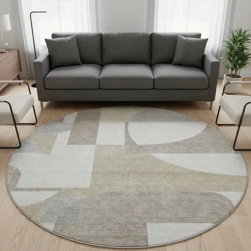 8' Khaki Beige And Gray Abstract Geometric Washable Round Rug With UV Protection Photo 2