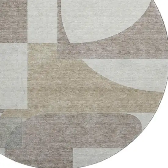 8' Khaki Beige And Gray Abstract Geometric Washable Round Rug With UV Protection Photo 2
