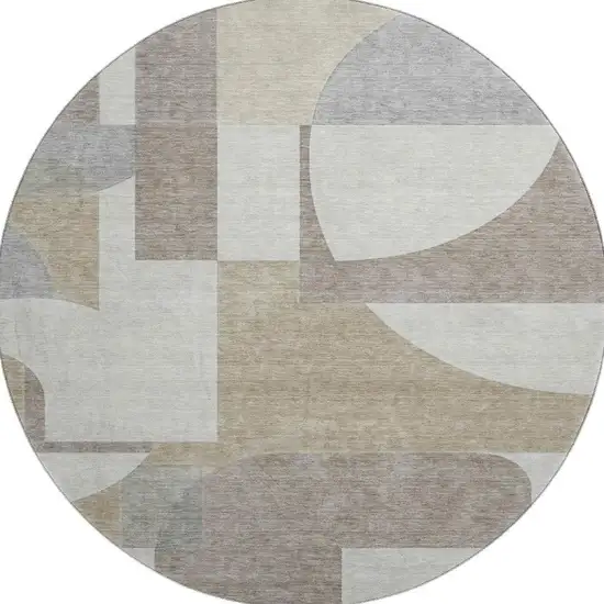 8' Khaki Beige And Gray Abstract Geometric Washable Round Rug With UV Protection Photo 3