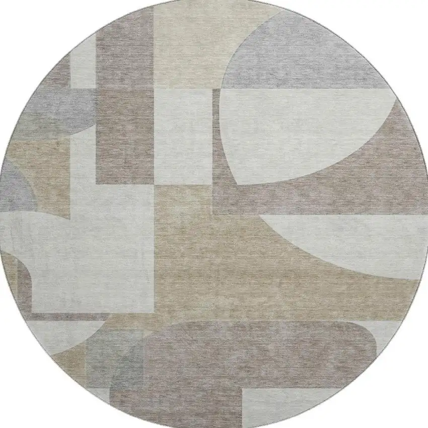 8' Khaki Beige And Gray Abstract Geometric Washable Round Rug With UV Protection Photo 3