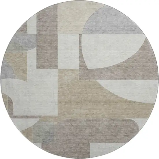 8' Khaki Beige And Gray Abstract Geometric Washable Round Rug With UV Protection Photo 1