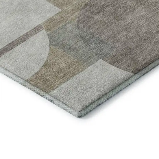 8' Khaki Beige And Gray Abstract Geometric Washable Round Rug With UV Protection Photo 6