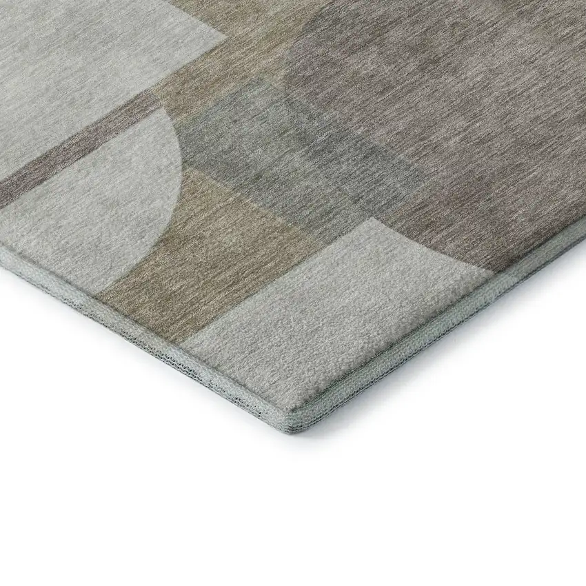 8' Khaki Beige And Gray Abstract Geometric Washable Round Rug With UV Protection Photo 6