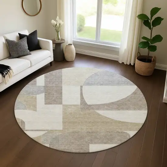 8' Khaki Beige And Gray Abstract Geometric Washable Round Rug With UV Protection Photo 4