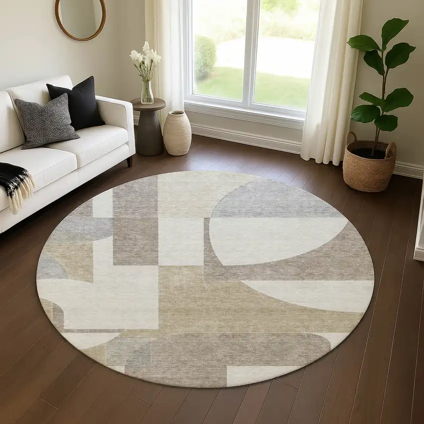 8' Khaki Beige And Gray Abstract Geometric Washable Round Rug With UV Protection Photo 4
