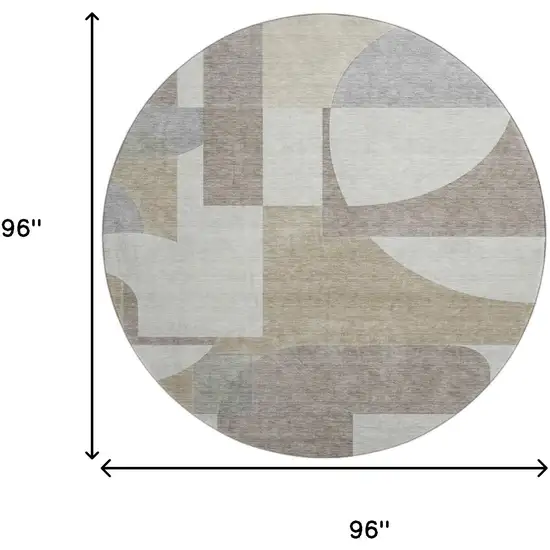 8' Khaki Beige And Gray Abstract Geometric Washable Round Rug With UV Protection Photo 9