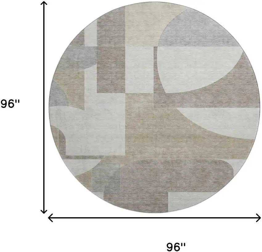 8' Khaki Beige And Gray Abstract Geometric Washable Round Rug With UV Protection Photo 9
